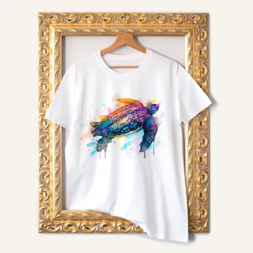 Leatherback Sea Turtle T-Shirt, Watercolor Art Tee Leatherback Sea Turtle watercolor painting printed on a white cotton T-shirt by Slaveika Aladjova