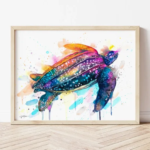 Leatherback Sea Turtle watercolor painting the artwork on the T-shirt by Slaveika Aladjova