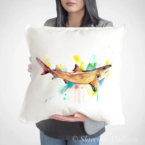 Lemon Shark Art Pillow Cover, Watercolor Cushion 50 × 50 cm Lemon Shark watercolor painting printed on a 50 x 50 cm cotton art pillow cover by Slaveika Aladjova