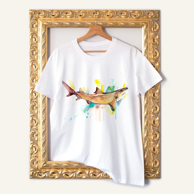 Lemon Shark watercolor painting printed on a white cotton T-shirt by Slaveika Aladjova