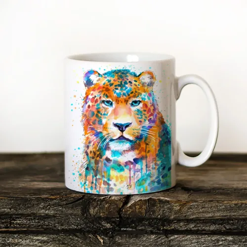 Leopard Art Mug, Watercolor Ceramic Mug 11 oz Leopard watercolor painting printed on an 11 oz ceramic art mug by Slaveika Aladjova