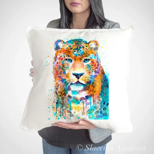 Leopard Art Pillow Cover, Watercolor Cushion 50 × 50 cm Leopard watercolor painting printed on a 50 x 50 cm cotton art pillow cover by Slaveika Aladjova