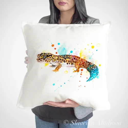 Leopard Gecko Art Pillow Cover, Watercolor Cushion 50 × 50 cm Leopard Gecko watercolor painting printed on a 50 x 50 cm cotton art pillow cover by Slaveika Aladjova