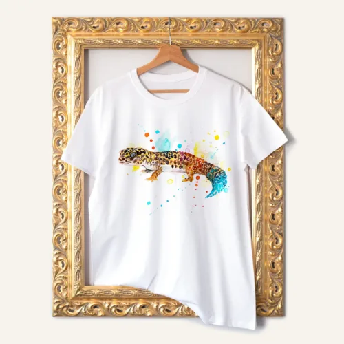 Leopard Gecko T-Shirt, Watercolor Art Tee Leopard Gecko watercolor painting printed on a white cotton T-shirt by Slaveika Aladjova