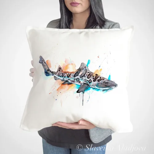 Leopard Shark Art Pillow Cover, Watercolor Cushion 50 × 50 cm Leopard Shark watercolor painting printed on a 50 x 50 cm cotton art pillow cover by Slaveika Aladjova
