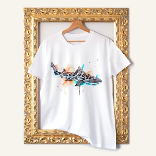 Leopard Shark T-Shirt, Watercolor Art Tee Leopard Shark watercolor painting printed on a white cotton T-shirt by Slaveika Aladjova