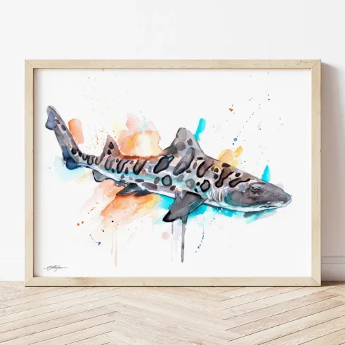 Leopard Shark watercolor painting the artwork on the T-shirt by Slaveika Aladjova