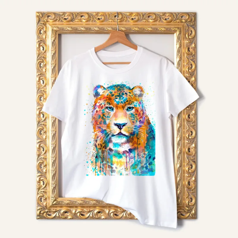 Leopard watercolor painting printed on a white cotton T-shirt by Slaveika Aladjova