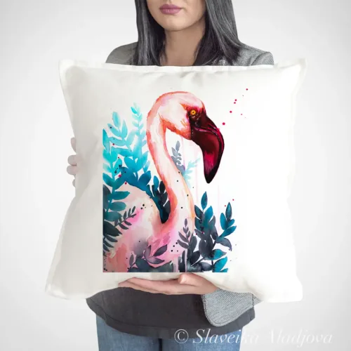 Lesser Flamingo Art Pillow Cover, Watercolor Cushion 50 × 50 cm Lesser Flamingo watercolor painting printed on a 50 x 50 cm cotton art pillow cover by Slaveika Aladjova