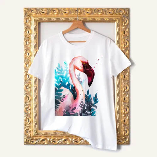 Lesser Flamingo T-Shirt, Watercolor Art Tee Lesser Flamingo watercolor painting printed on a white cotton T-shirt by Slaveika Aladjova