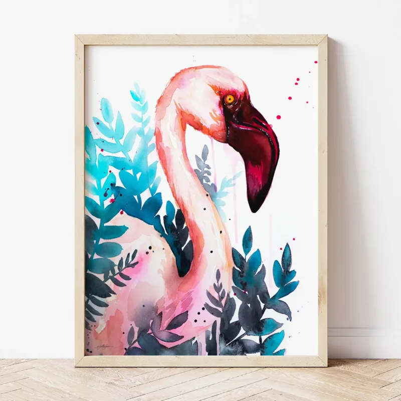Lesser Flamingo watercolor painting the artwork on the T-shirt by Slaveika Aladjova