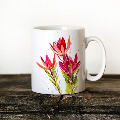 Leucadendron Art Mug, Watercolor Ceramic Mug 11 oz Leucadendron watercolor painting printed on an 11 oz ceramic art mug by Slaveika Aladjova