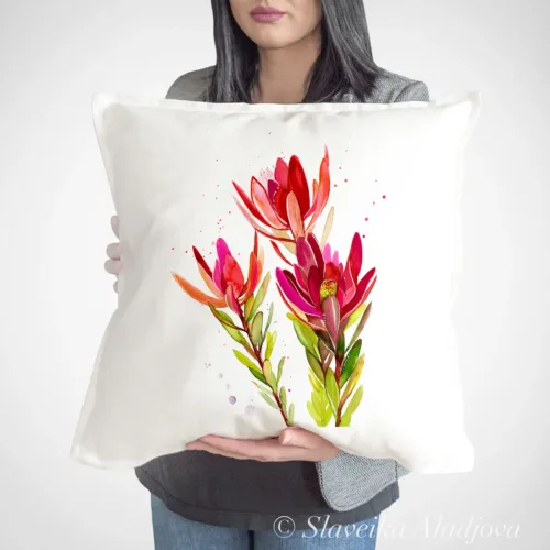 Leucadendron Art Pillow Cover, Watercolor Cushion 50 × 50 cm Leucadendron watercolor painting printed on a 50 x 50 cm cotton art pillow cover by Slaveika Aladjova