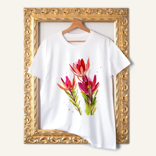 Leucadendron T-Shirt, Watercolor Art Tee Leucadendron watercolor painting printed on a white cotton T-shirt by Slaveika Aladjova