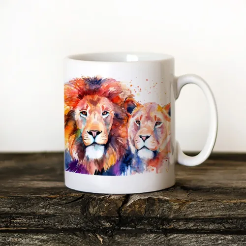 Lion and Lioness Art Mug, Watercolor Ceramic Mug 11 oz Lion and Lioness watercolor painting printed on an 11 oz ceramic art mug by Slaveika Aladjova