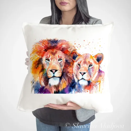 Lion and Lioness Art Pillow Cover, Watercolor Cushion 50 × 50 cm Lion and Lioness watercolor painting printed on a 50 x 50 cm cotton art pillow cover by Slaveika Aladjova