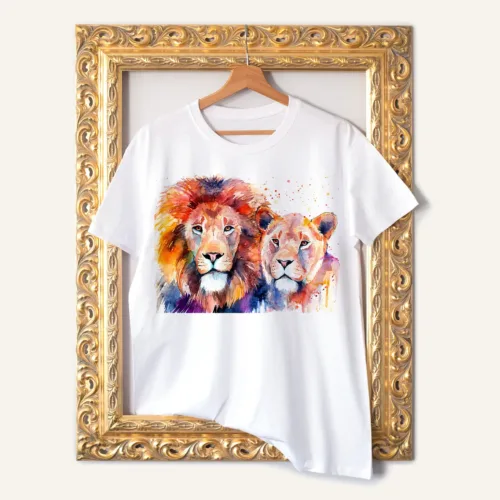 Lion and Lioness T-Shirt, Watercolor Art Tee Lion and Lioness watercolor painting printed on a white cotton T-shirt by Slaveika Aladjova