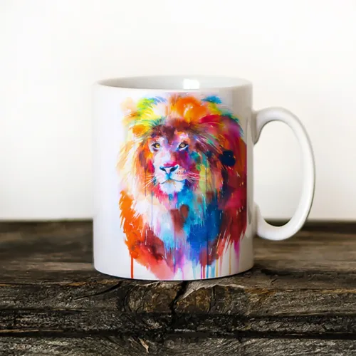 Lion watercolor painting printed on an 11 oz ceramic art mug by Slaveika Aladjova