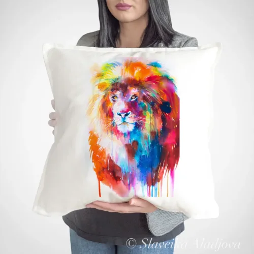 Lion Art Pillow Cover, Watercolor Cushion 50 × 50 cm Lion watercolor painting printed on a 50 x 50 cm cotton art pillow cover by Slaveika Aladjova