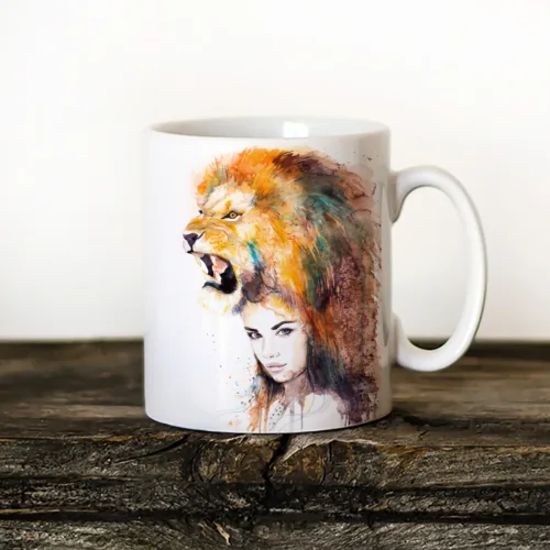 Lion Girl Art Mug, Watercolor Ceramic Mug 11 oz Lion Girl watercolor painting printed on an 11 oz ceramic art mug by Slaveika Aladjova