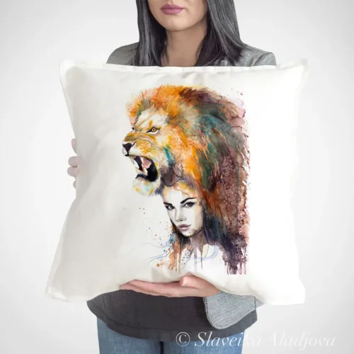Lion Girl Art Pillow Cover, Watercolor Cushion 50 × 50 cm Lion Girl watercolor painting printed on a 50 x 50 cm cotton art pillow cover by Slaveika Aladjova