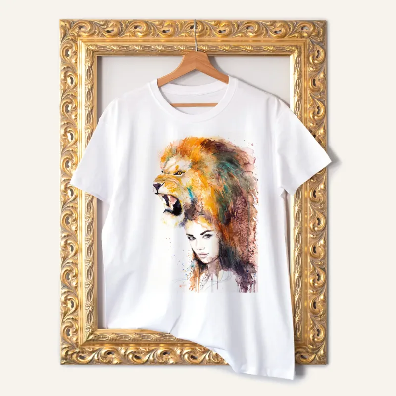 Lion Girl watercolor painting printed on a white cotton T-shirt by Slaveika Aladjova