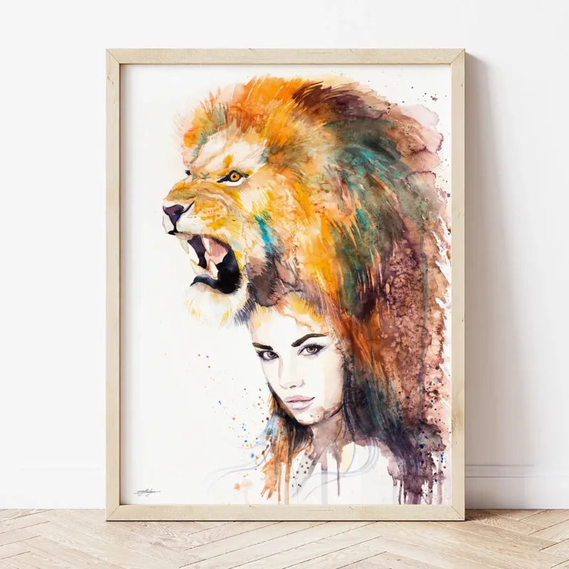 Lion Girl watercolor painting the artwork on the T-shirt by Slaveika Aladjova