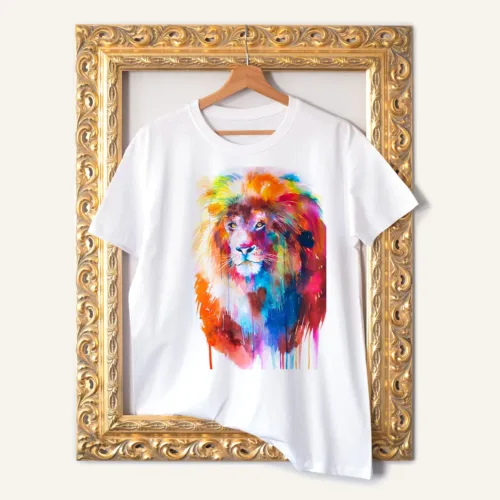 Lion watercolor painting printed on a white cotton T-shirt by Slaveika Aladjova
