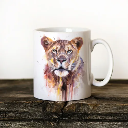 Lioness Art Mug, Watercolor Ceramic Mug 11 oz Lioness watercolor painting printed on an 11 oz ceramic art mug by Slaveika Aladjova