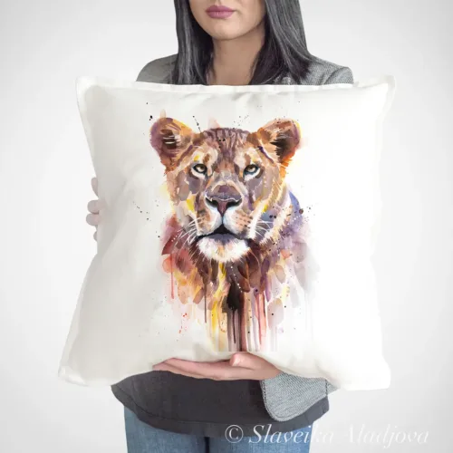 Lioness Art Pillow Cover, Watercolor Cushion 50 × 50 cm Lioness watercolor painting printed on a 50 x 50 cm cotton art pillow cover by Slaveika Aladjova