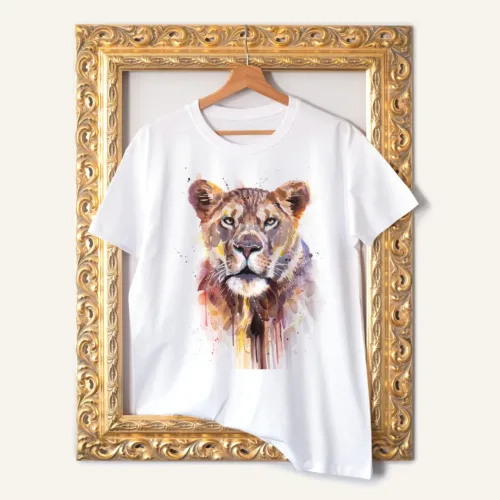 Lioness T-Shirt, Watercolor Art Tee Lioness watercolor painting printed on a white cotton T-shirt by Slaveika Aladjova