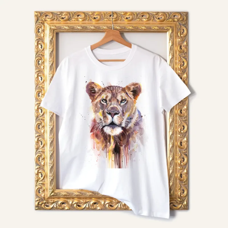 Lioness watercolor painting printed on a white cotton T-shirt by Slaveika Aladjova