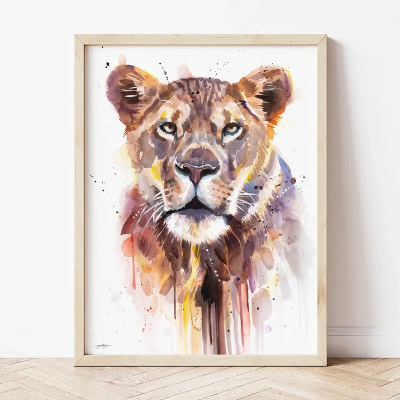 Lioness watercolor painting the artwork on the T-shirt by Slaveika Aladjova