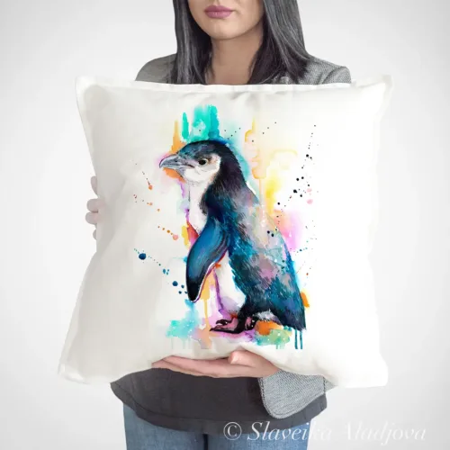 Little Blue Penguin Art Pillow Cover, Watercolor Cushion 50 × 50 cm Little Blue Penguin watercolor painting printed on a 50 x 50 cm cotton art pillow cover by Slaveika Aladjova