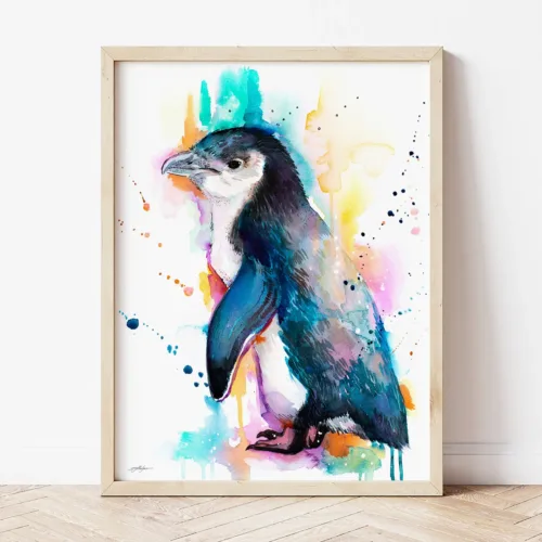 Little Blue Penguin watercolor painting the artwork on the T-shirt by Slaveika Aladjova