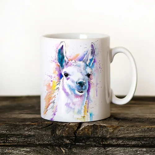 Llama Art Mug, Watercolor Ceramic Mug 11 oz Llama watercolor painting printed on an 11 oz ceramic art mug by Slaveika Aladjova