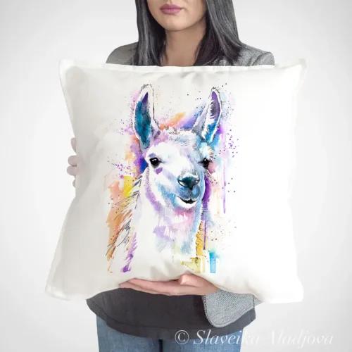 Llama Art Pillow Cover, Watercolor Cushion 50 × 50 cm Llama watercolor painting printed on a 50 x 50 cm cotton art pillow cover by Slaveika Aladjova