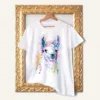 Llama watercolor painting printed on a white cotton T-shirt by Slaveika Aladjova