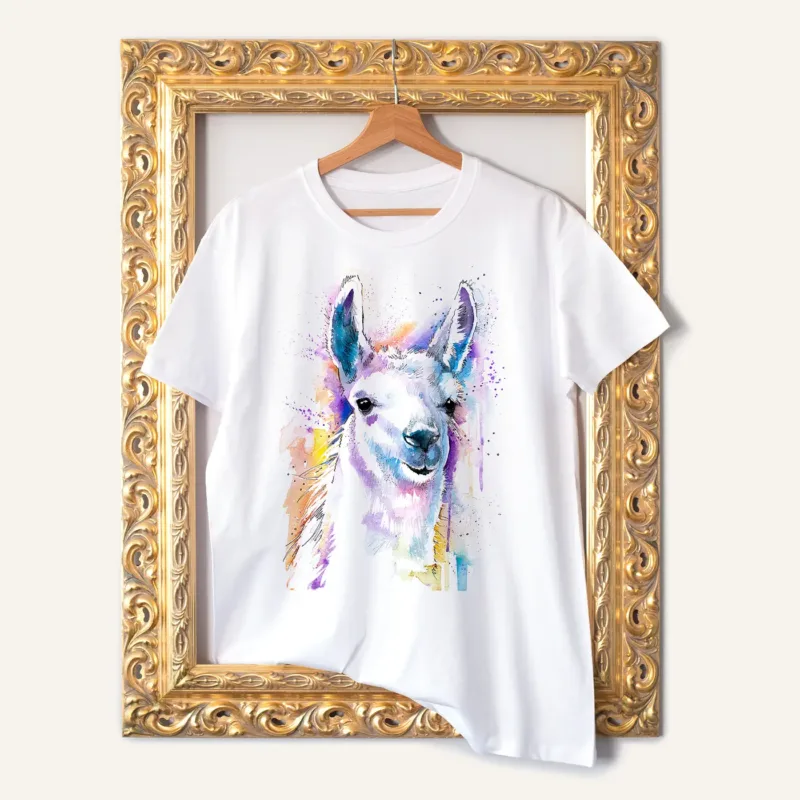 Llama watercolor painting printed on a white cotton T-shirt by Slaveika Aladjova