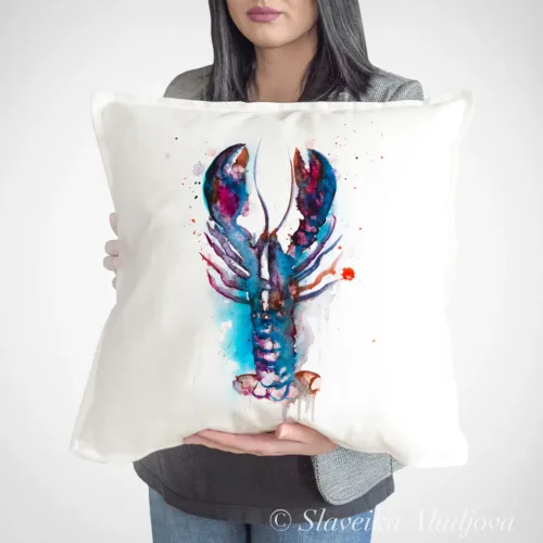 Lobster Art Pillow Cover, Watercolor Cushion 50 × 50 cm Lobster watercolor painting printed on a 50 x 50 cm cotton art pillow cover by Slaveika Aladjova