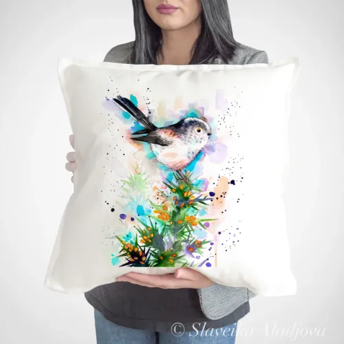 Long-tailed Tit Art Pillow Cover, Watercolor Cushion 50 × 50 cm Long-tailed Tit watercolor painting printed on a 50 x 50 cm cotton art pillow cover by Slaveika Aladjova