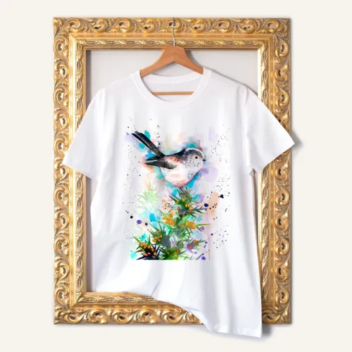 Long-tailed Tit T-Shirt, Watercolor Art Tee Long-tailed Tit watercolor painting printed on a white cotton T-shirt by Slaveika Aladjova