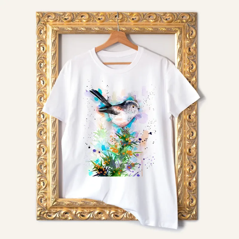 Long-tailed Tit watercolor painting printed on a white cotton T-shirt by Slaveika Aladjova