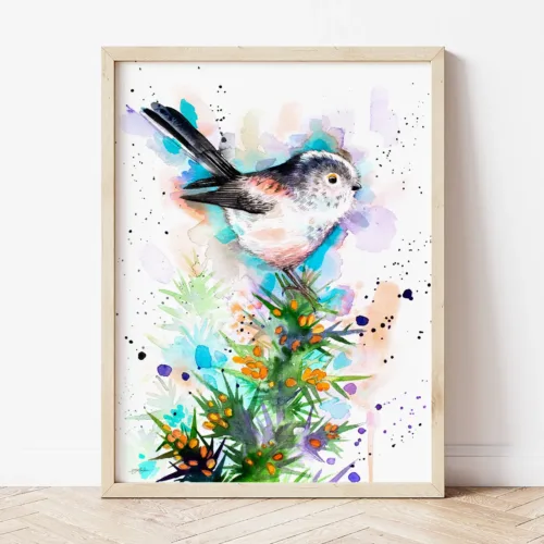 Long-tailed Tit watercolor painting the artwork on the T-shirt by Slaveika Aladjova