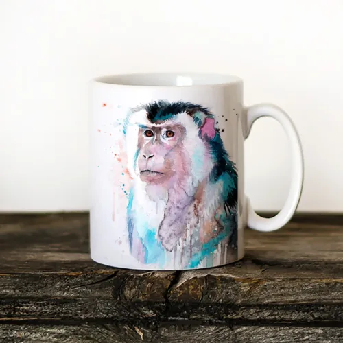 Macaque Art Mug, Watercolor Ceramic Mug 11 oz Macaque watercolor painting printed on an 11 oz ceramic art mug by Slaveika Aladjova