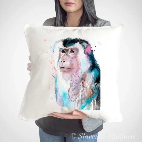 Macaque Art Pillow Cover, Watercolor Cushion 50 × 50 cm Macaque watercolor painting printed on a 50 x 50 cm cotton art pillow cover by Slaveika Aladjova
