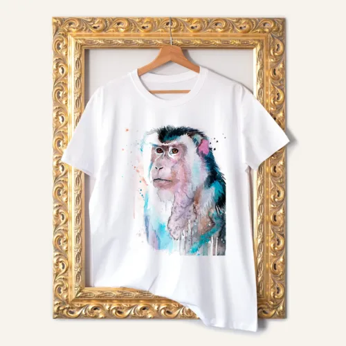 Macaque watercolor painting printed on a white cotton T-shirt by Slaveika Aladjova