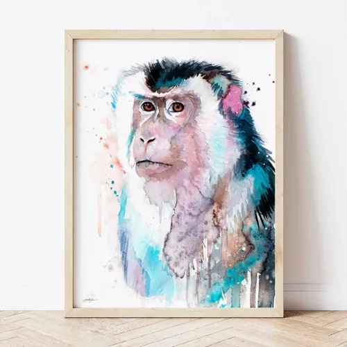 Macaque watercolor painting the artwork on the T-shirt by Slaveika Aladjova