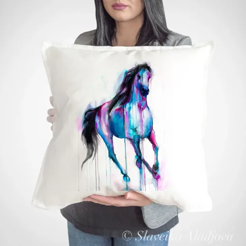 Magical Horse Art Pillow Cover, Watercolor Cushion 50 × 50 cm Magical Horse watercolor painting printed on a 50 x 50 cm cotton art pillow cover by Slaveika Aladjova