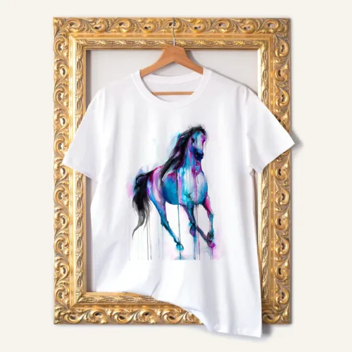 Magical Horse T-Shirt, Watercolor Art Tee Magical Horse watercolor painting printed on a white cotton T-shirt by Slaveika Aladjova